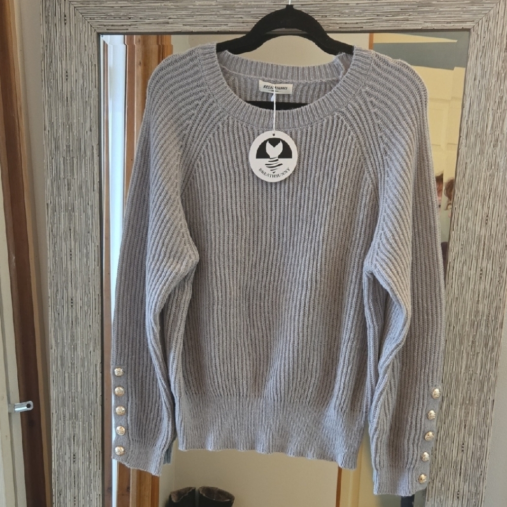 NWT Soft Gray Ribbed Sweater with Button Accents